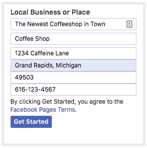 Fill out information for your Facebook Business Page