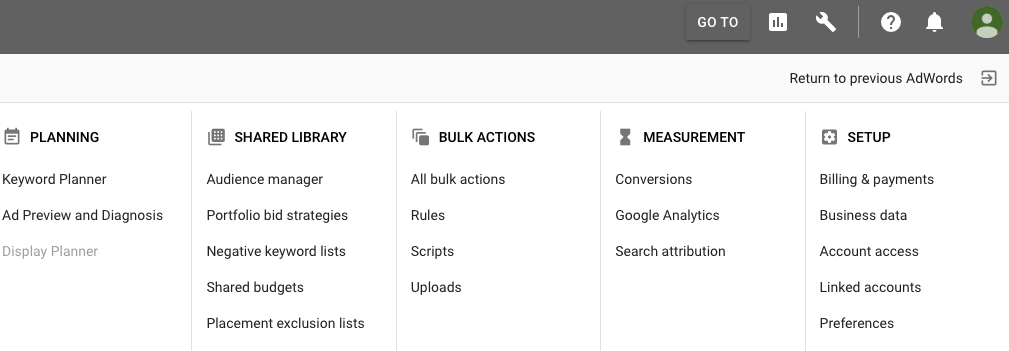 AdWords Menu