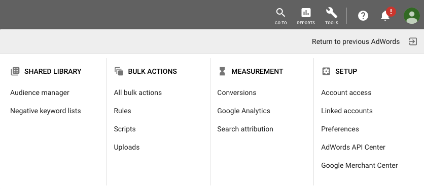 AdWords Menu
