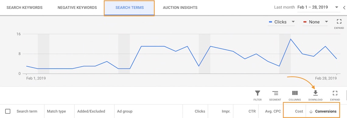 Google Search Terms Report View