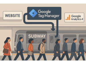 a photo of a subway at a subway station with commuters. Google Analytics 4 is acting as the station while Google tag manager is acting as the subway itself