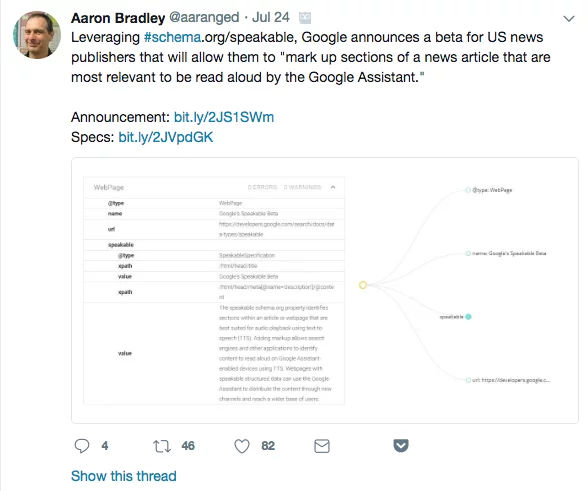 Tweet: Leveraging Schema Speakable from Aaron Bradley @aaranged