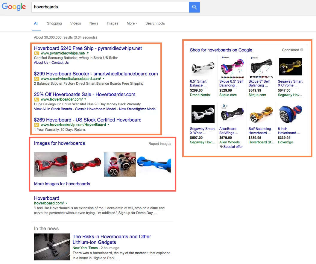 Google Search Engine Results Page for "hoverboard"