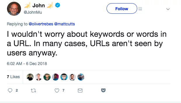 Keyword Usage in URLS – Tweet from John Mueller