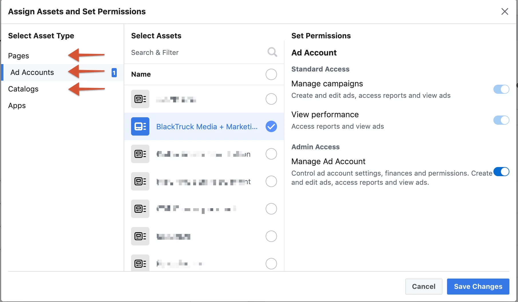 Select assigns and assign permissions to users in facebook business manager