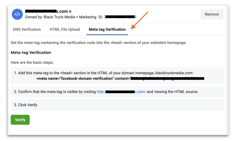 Processo de verificação de meta tag do Facebook