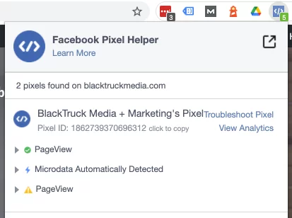 Facebook Pixel Helper Example of On-Site Use