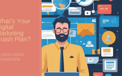mixed media background of a man in an electronic environment with blog title: what's your digital marketing crash plan?