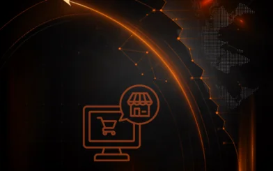 A black and orange background displaying icons that depict an online shopping experience with a nod to an in-person storefront.