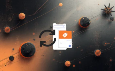 Grey, orange and black background with various gears, a refresh button, and a depiction of a Google Merchant Center account