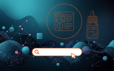 A background image of shapes with icons depicting an online webpage, content block, a search bar navigation and a CBD oil graphic