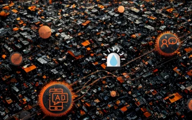 a geometric aerial shot of a pretend city with a water droplet in the center outlining a need where an digital advertising icon & a informational search query hover around the area